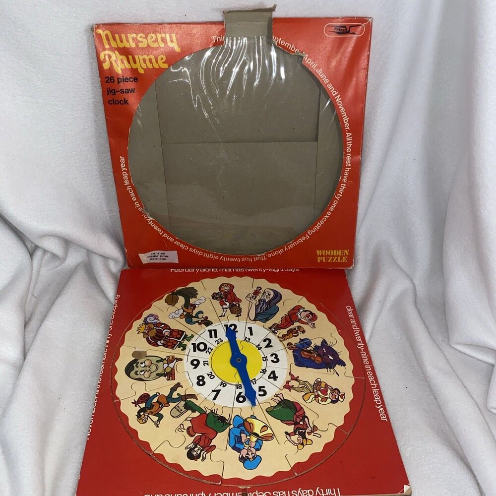 Vintage wood puzzle clock Nursery Rhyme England Condor 26 Jigsaw 12 Time